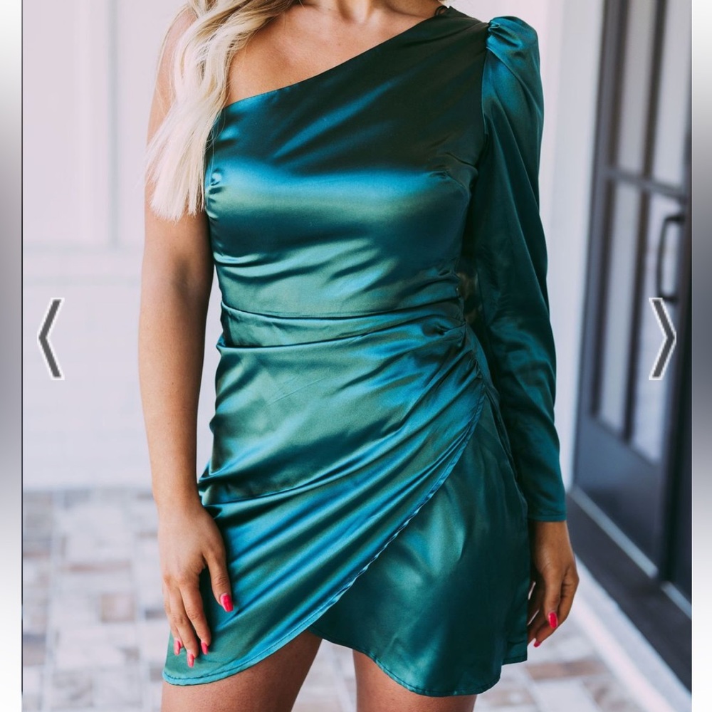 These Three Boutique Green Satin Dress | One shoulder satin dress - Picture 10 of 10